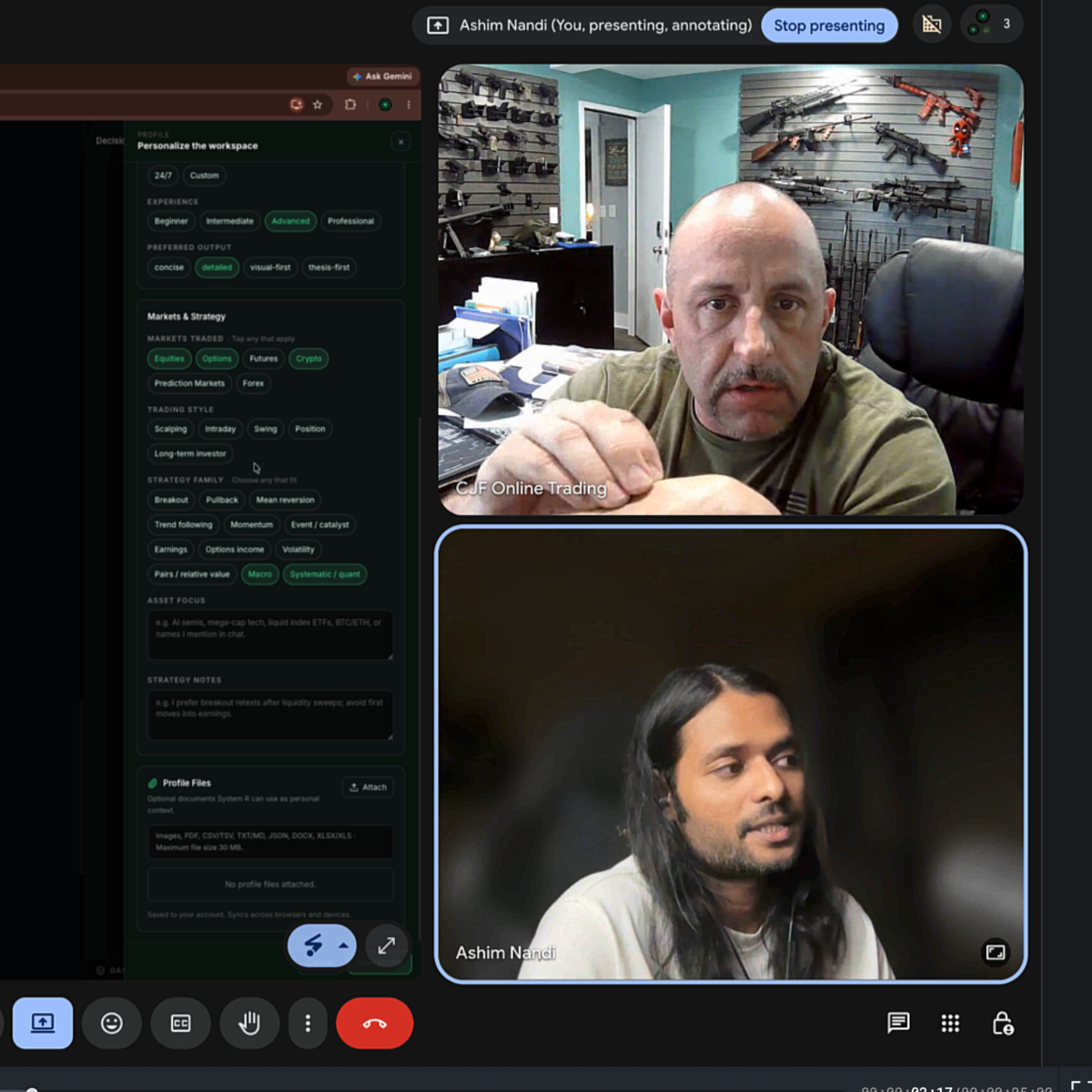 System R AI live review session showing agentic system setup