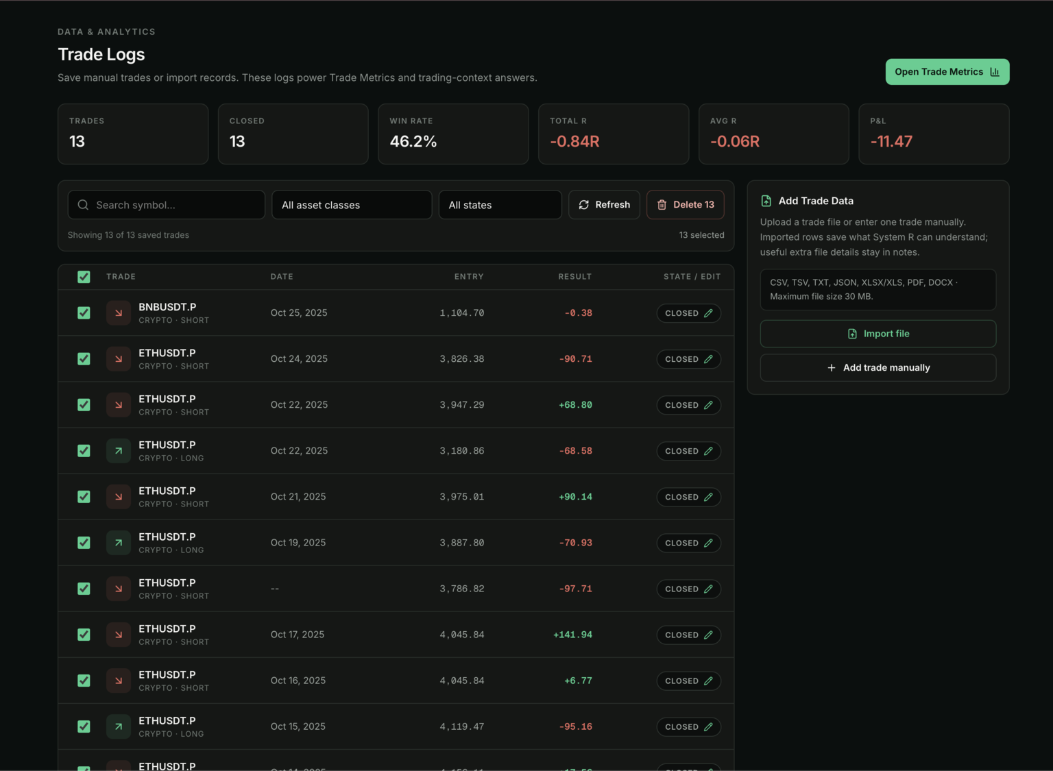 System R AI Trade Logs showing manual trade records, outcomes, and trade-data entry controls